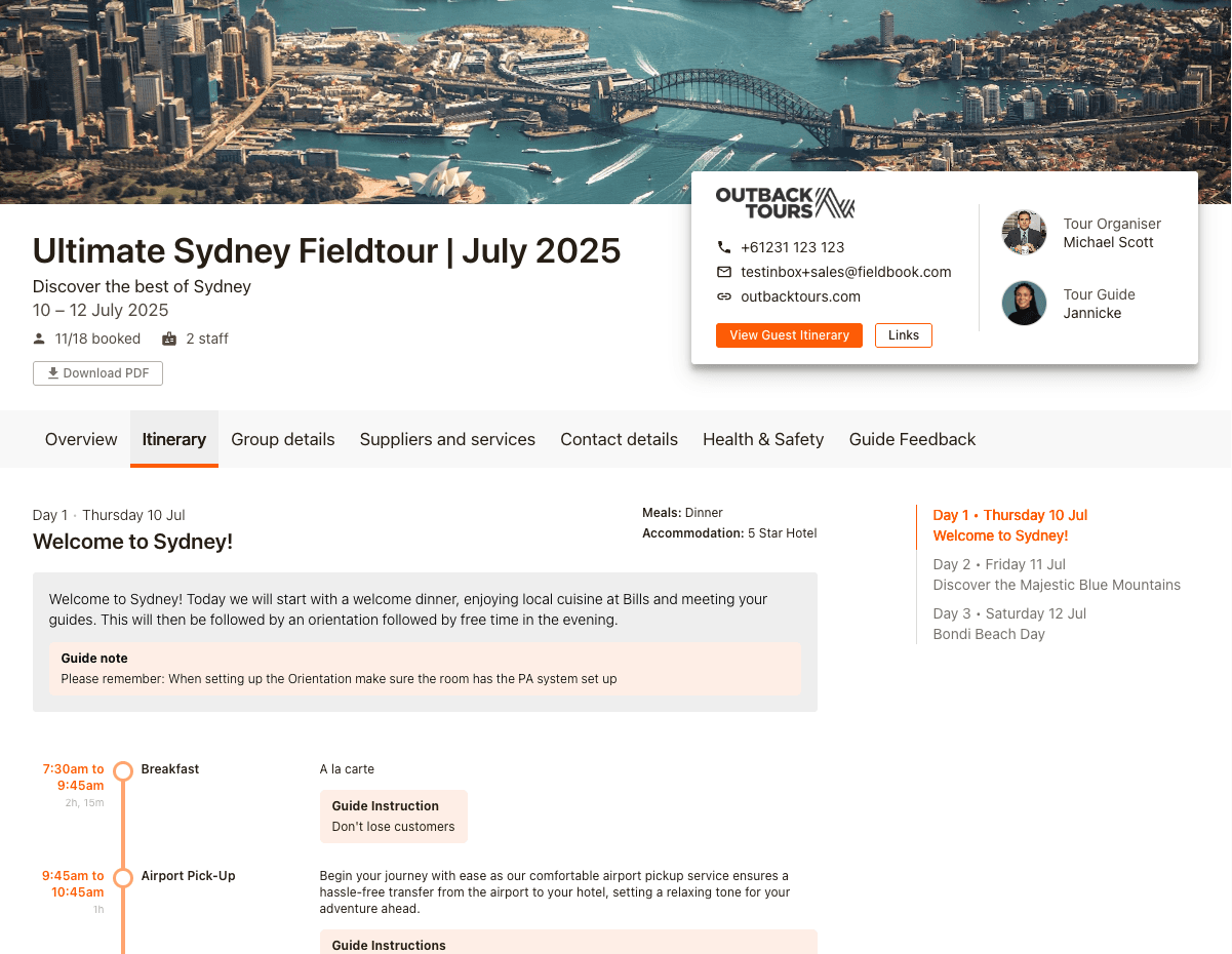 An example digital guide itinerary generated by Fieldbook.