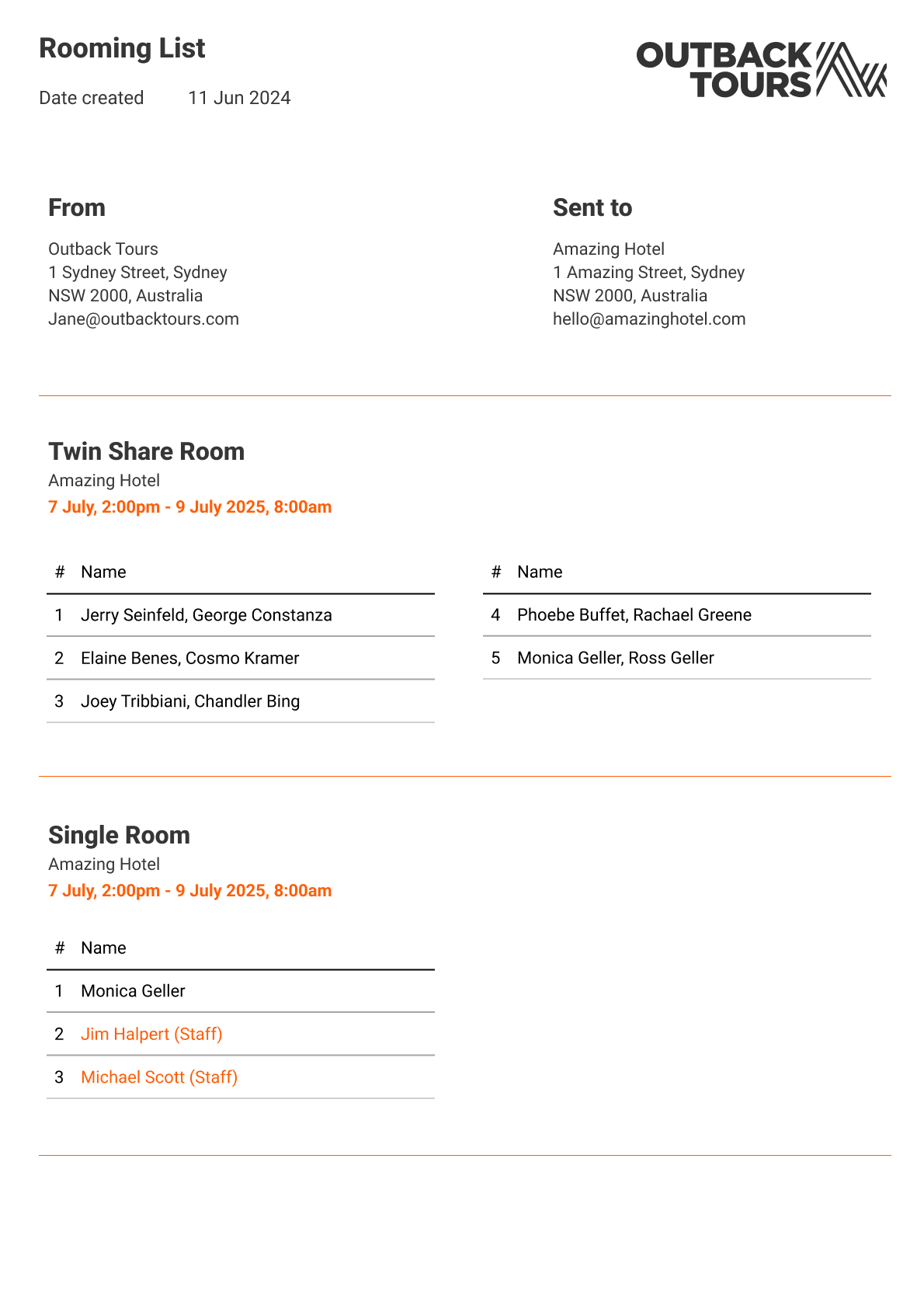 Fieldbook rooming list document