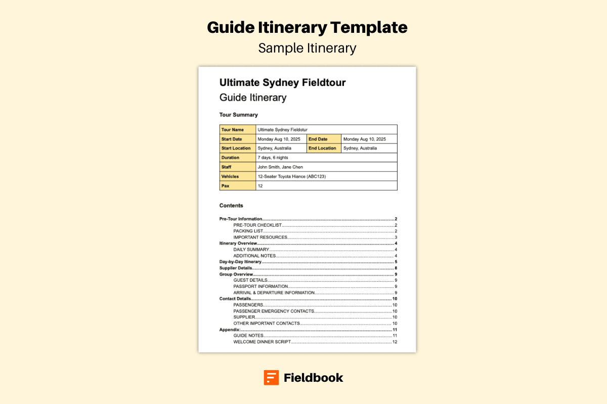 Fieldbooks guide itinerary template