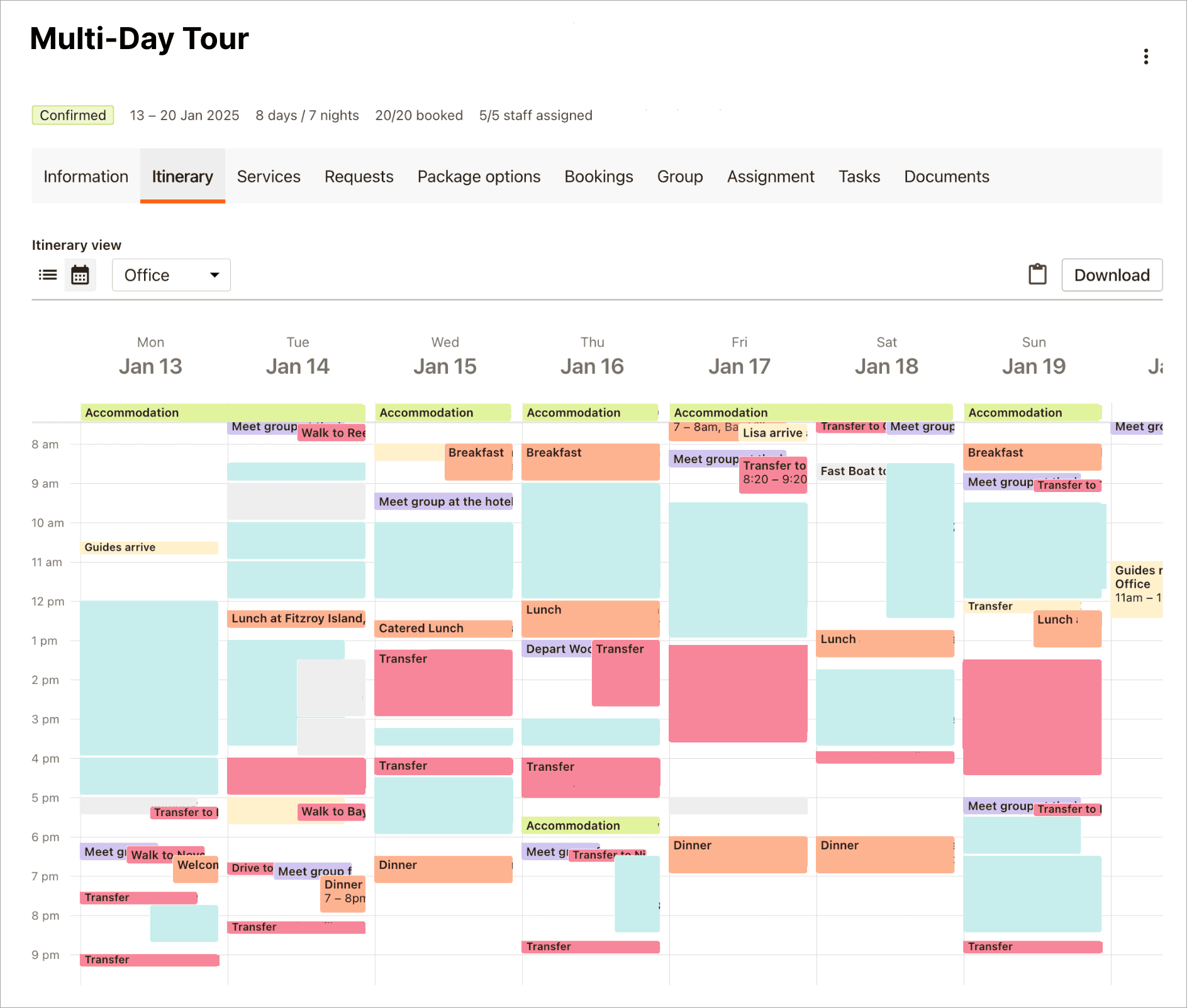 An example itinerary with no downtime