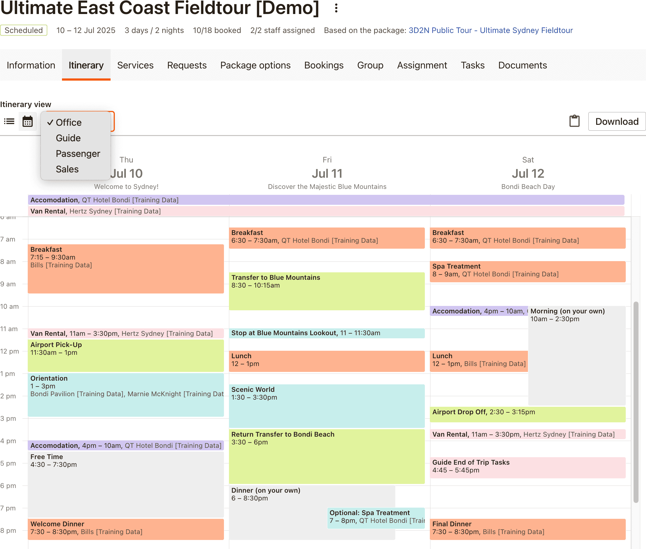 Itinerary builder and calendar view