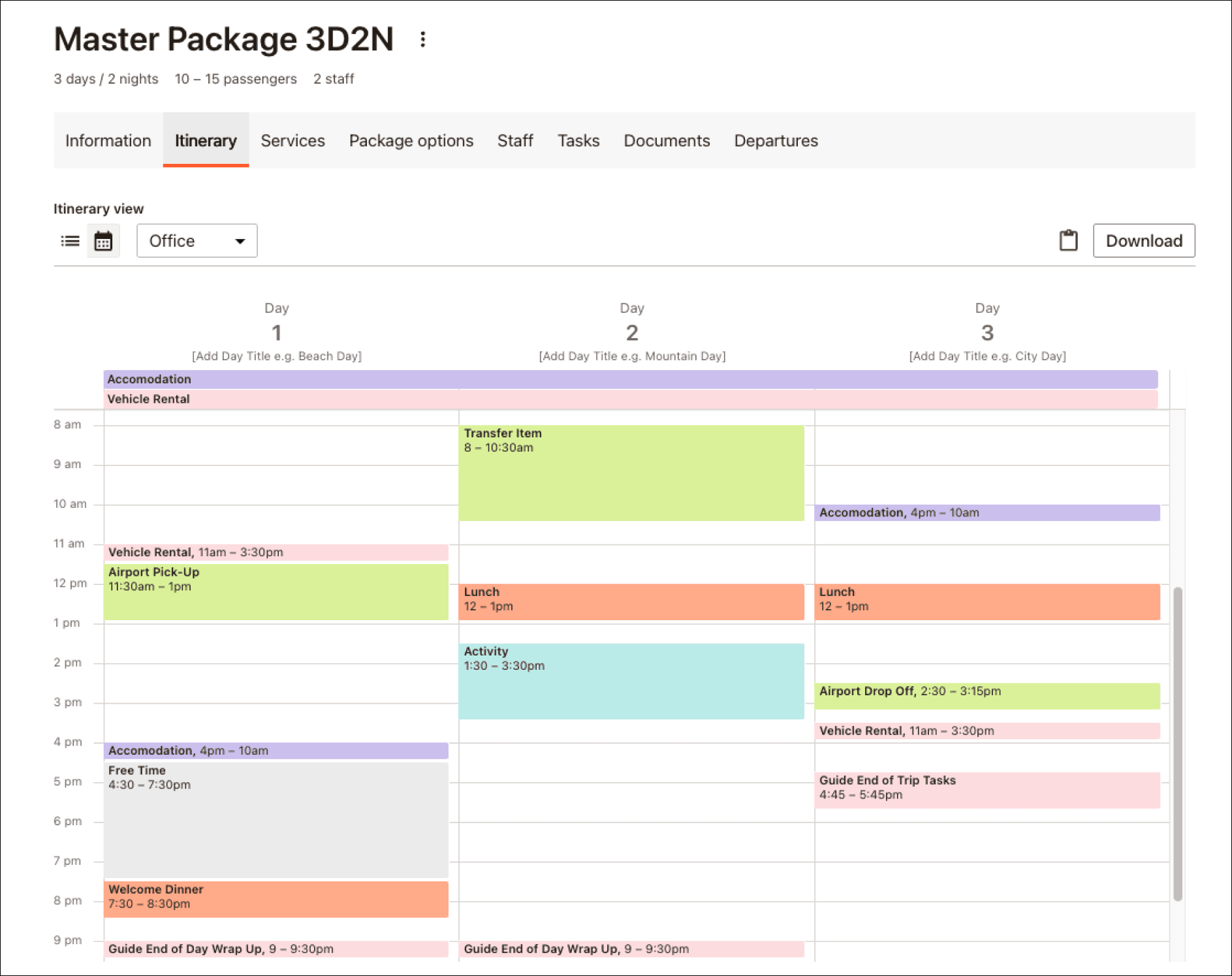 An example master itinerary template