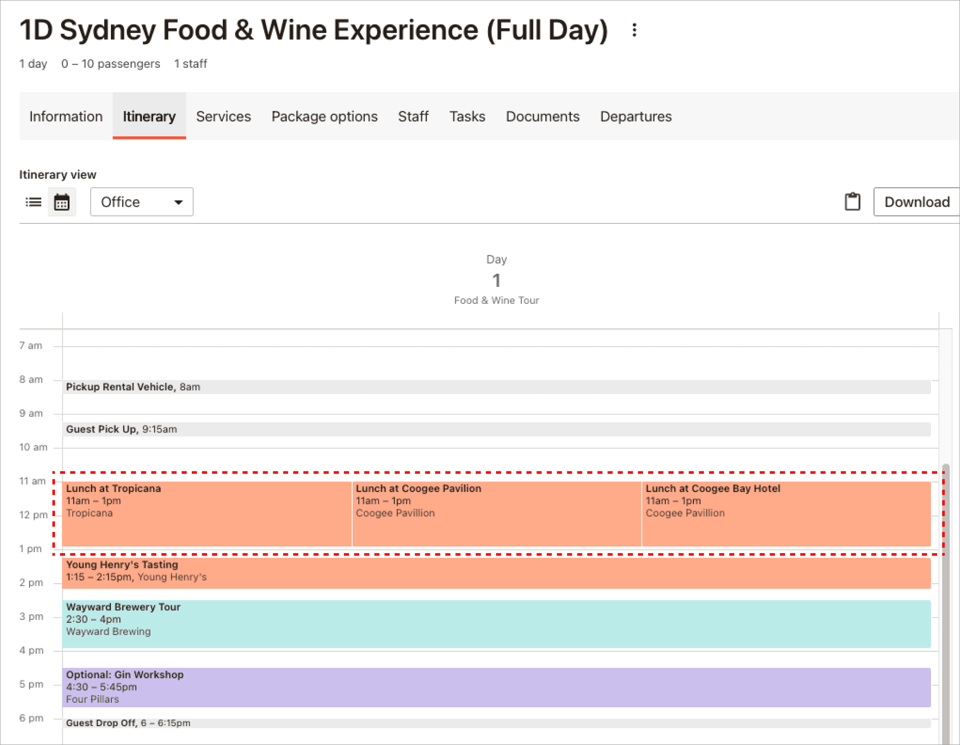 An example of stacking multiple passenger options on an itinerary activity