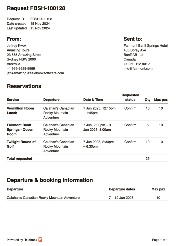 An example supplier request and reservation document generated by Fieldbook