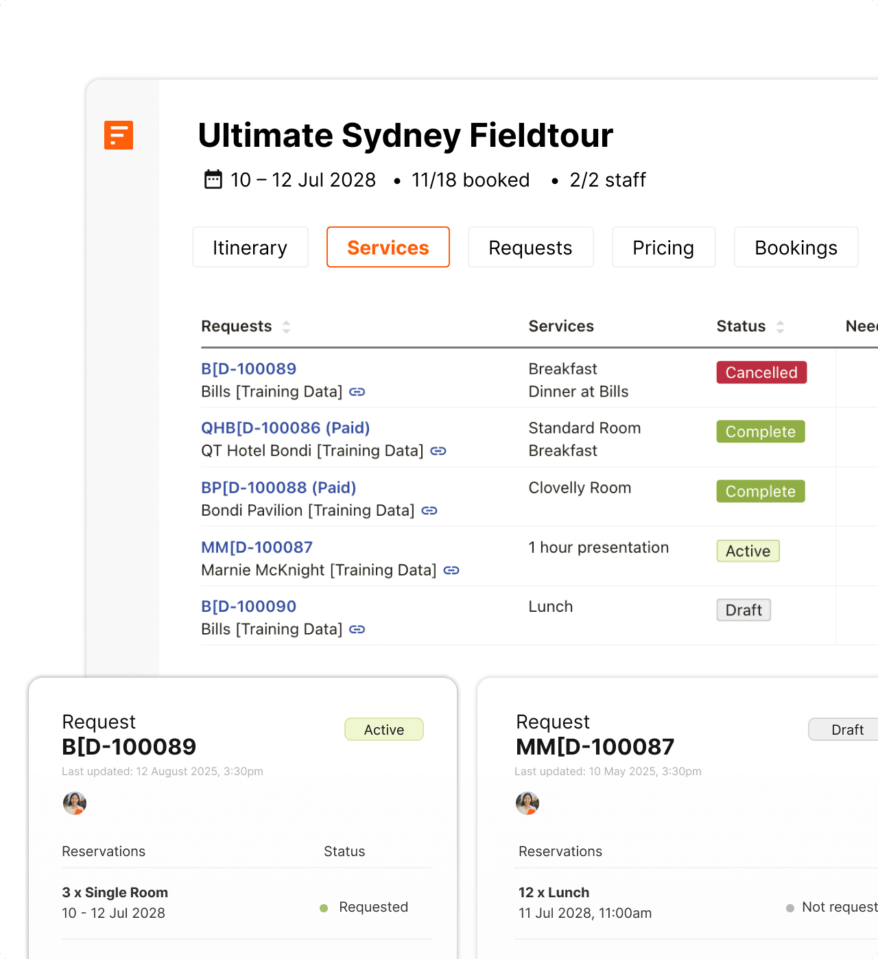 Example tour management system worflows and screens in Fieldbook